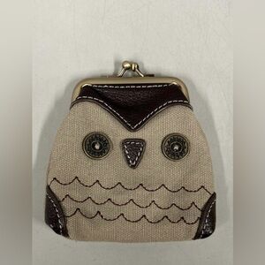 Chala Tan and Brown Kiss Lock Owl Coin Purse with Goldtone Frame EUC
